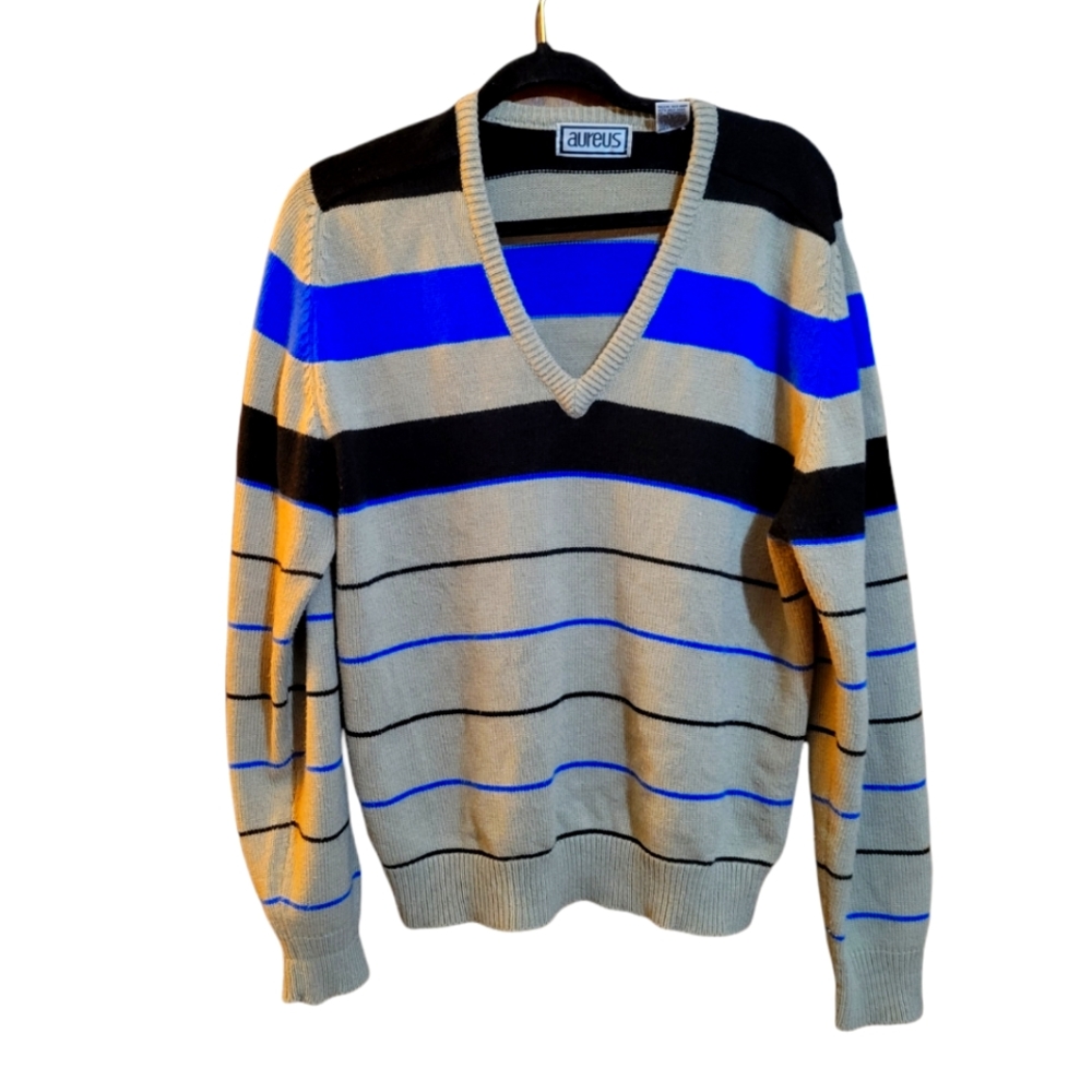 Vintage Aureus Mens V-neck Sweater M Golf Pullover Long Sleeve Striped Vintage